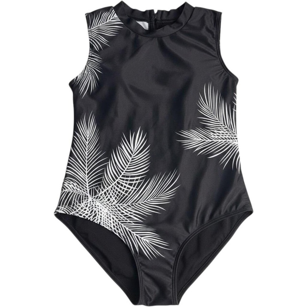 Beachsissi Womens Black White Palm Leaf High Neck Back Zip One Piece Swimsuit S